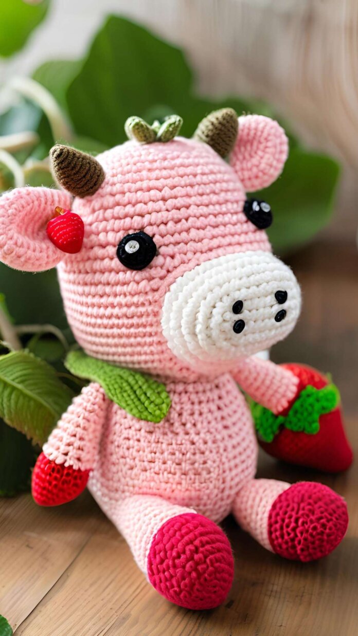 Charming Strawberry Cow Amigurumi Display