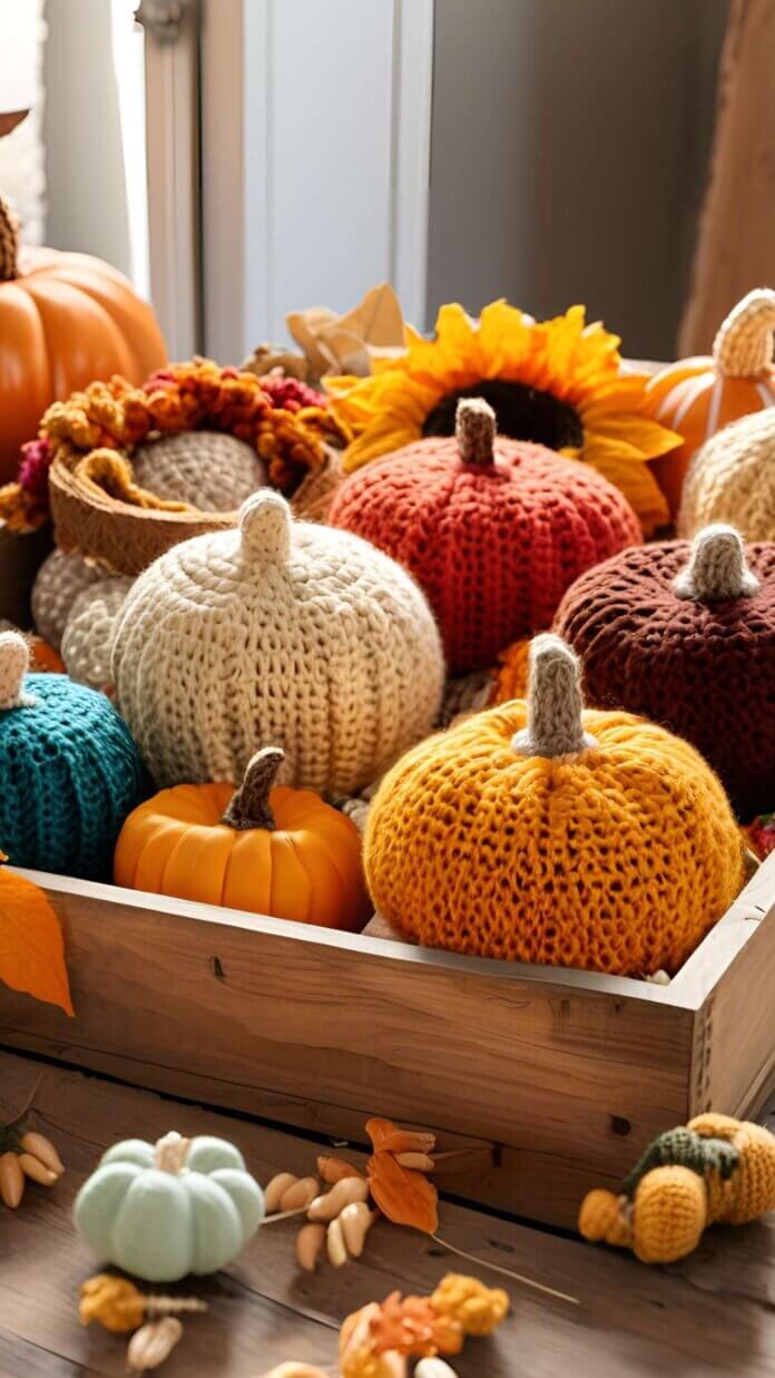 Vibrant Crochet Gourds and Pumpkins in a Fall Harvest Display